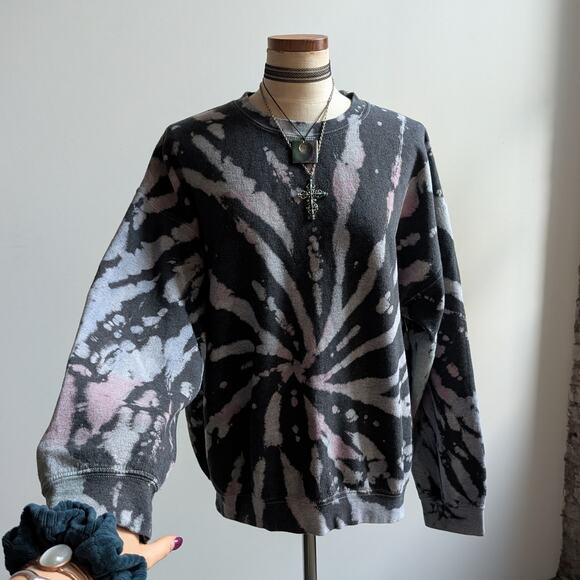 Vintage Black Custom Bleach Sweatshirt Distressed Tie Dye Festival Sweater Large - Picture 6 of 8